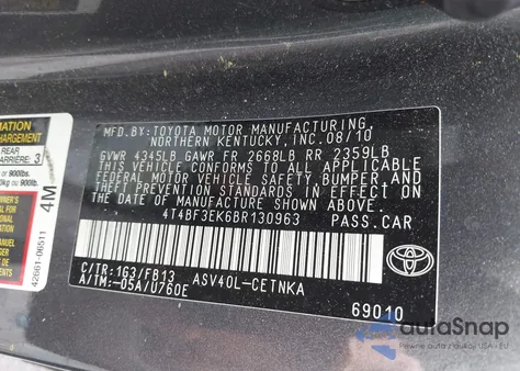 2011 Toyota Camry Le from USA, damaged, VIN 4T4BF3EK6BR130963